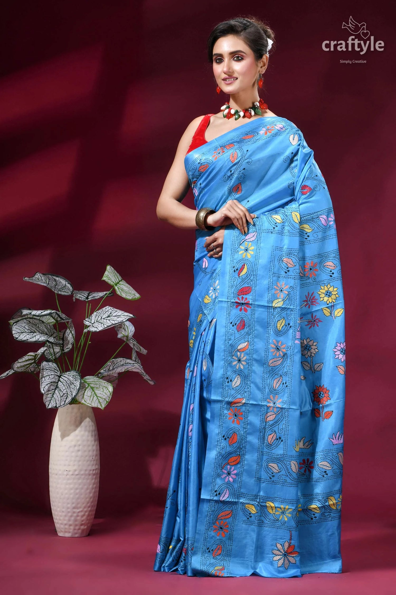 Ethnic folk theme silk kantha saree in picton blue vibrant blue silk saree adorned 3