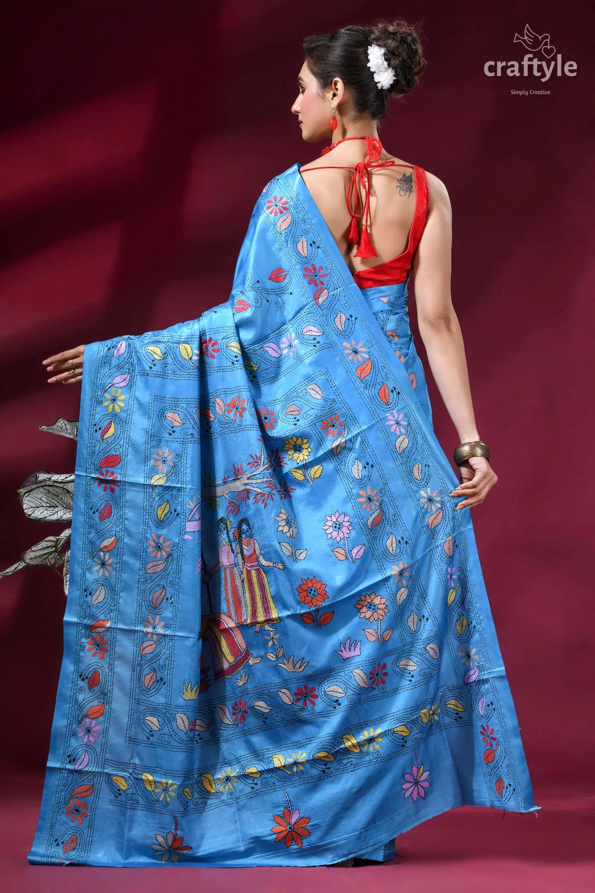 Ethnic folk theme silk kantha saree in picton blue vibrant blue silk saree adorned 4