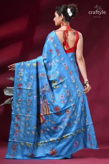 Ethnic folk theme silk kantha saree in picton blue vibrant blue silk saree adorned 4