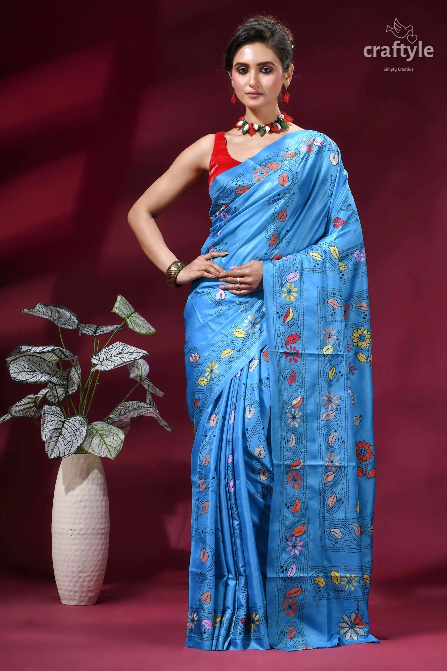Ethnic folk theme silk kantha saree in picton blue vibrant blue saree intricate floral 1