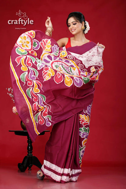 Ethnic hand batik saree in pure cotton - alpana design for a unique look maroon batik saree floral patterns 4