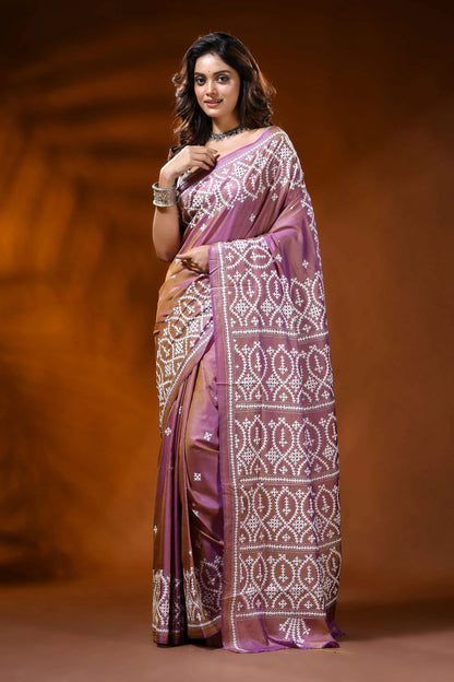 Ethnic motif handcrafted silk gujarati stitch saree in mauve 6