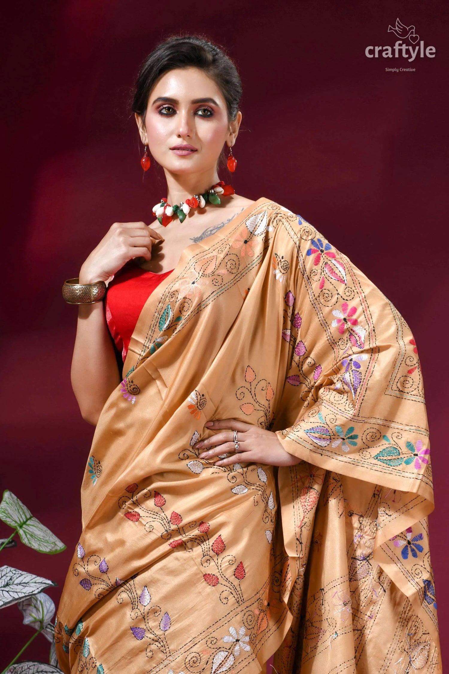 Ethnic silk kantha stitch saree in desert sand golden-brown silk saree adorned intricate 2