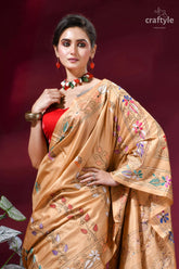 Ethnic silk kantha stitch saree in desert sand golden-brown silk saree adorned intricate 2