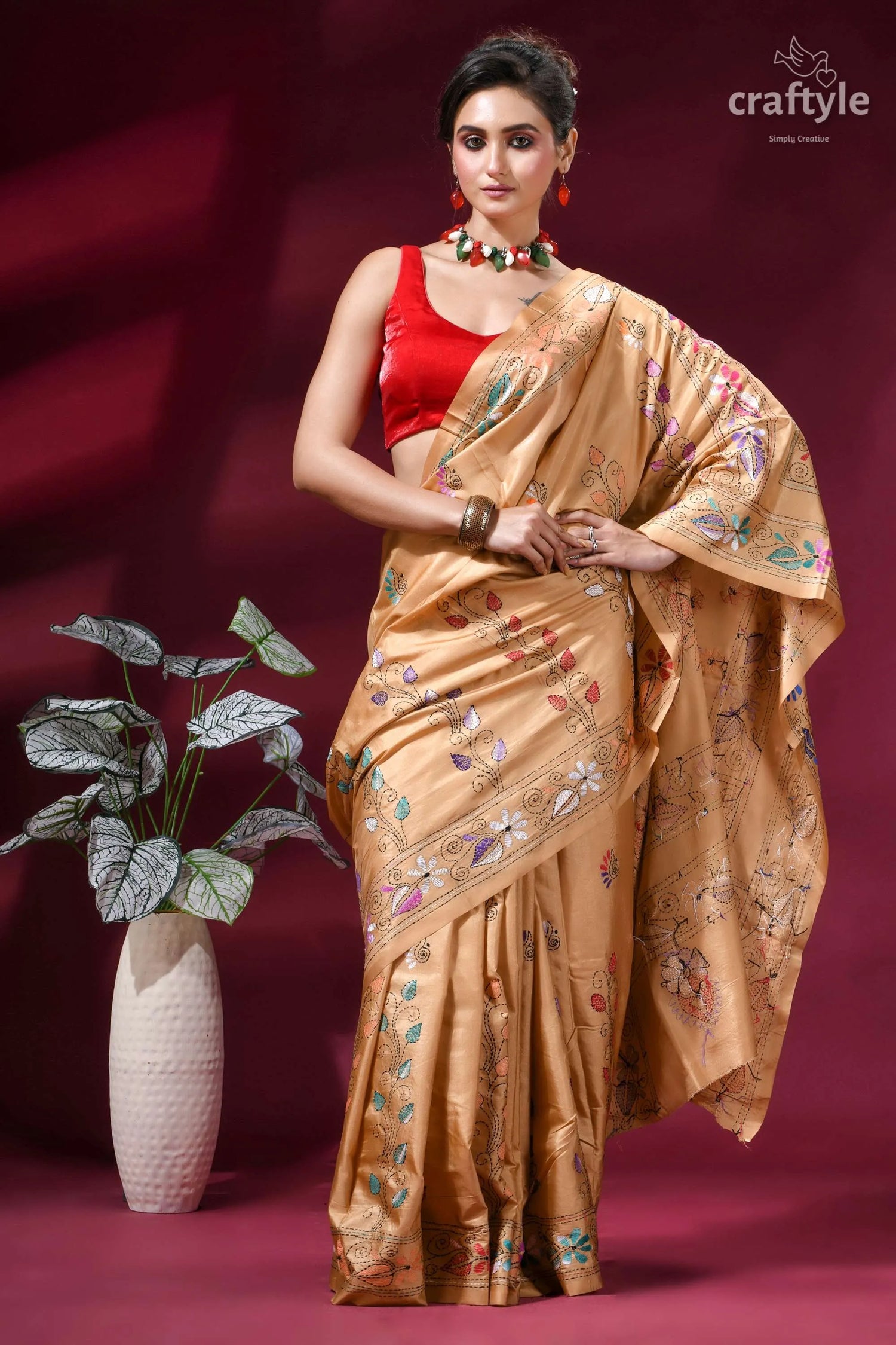 Ethnic silk kantha stitch saree in desert sand golden silk saree adorned intricate 5