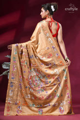 Ethnic silk kantha stitch saree in desert sand golden silk saree intricate multicolored 4