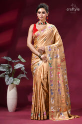 Ethnic silk kantha stitch saree in desert sand woman wears golden silk saree 1