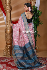 Exclusive blush pink hand block print zari border pure tussar silk sari pink white zigzag patterned saree 4