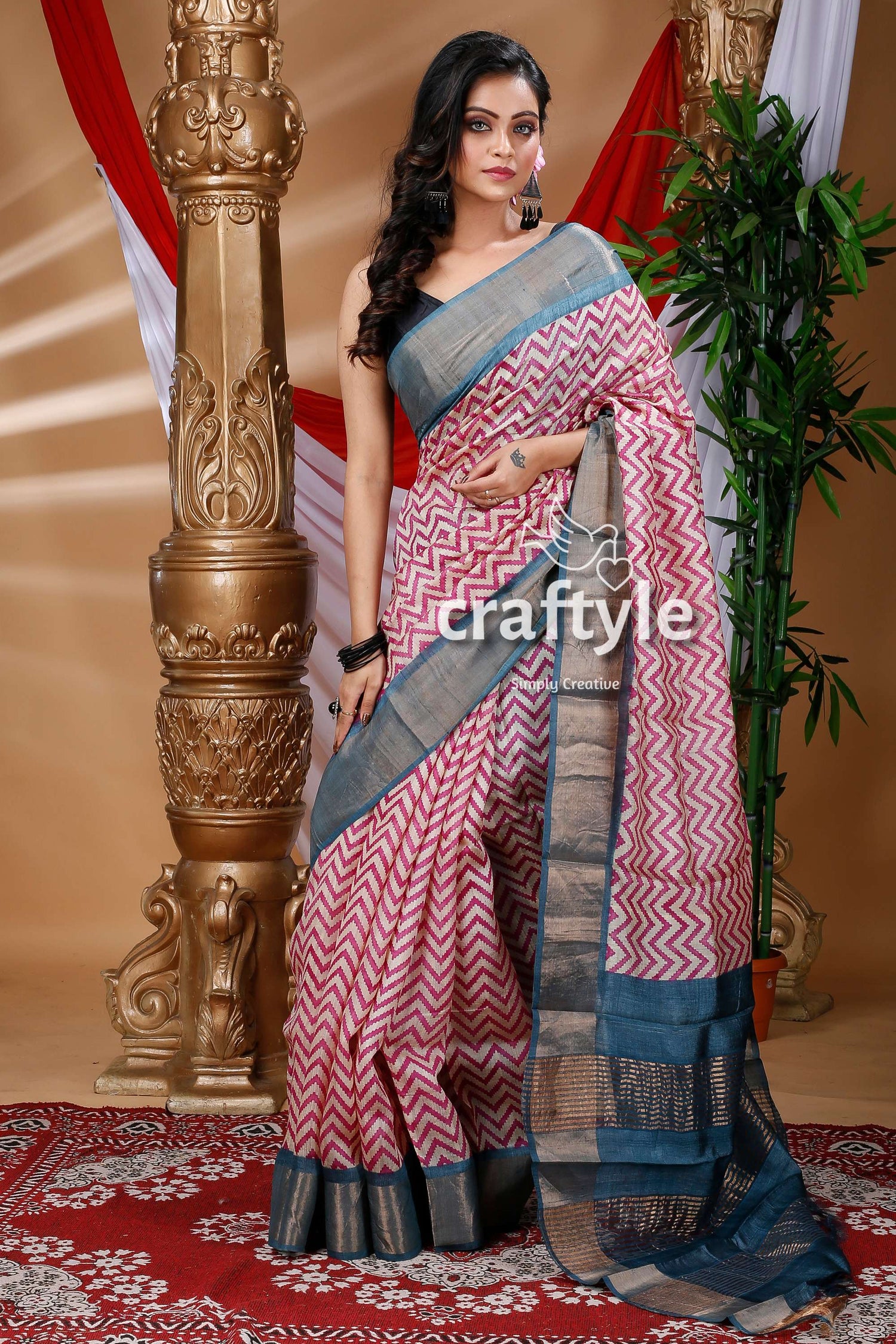 Exclusive Blush Pink Hand Block Print Zari Border Pure Tussar Silk Sari - Craftyle