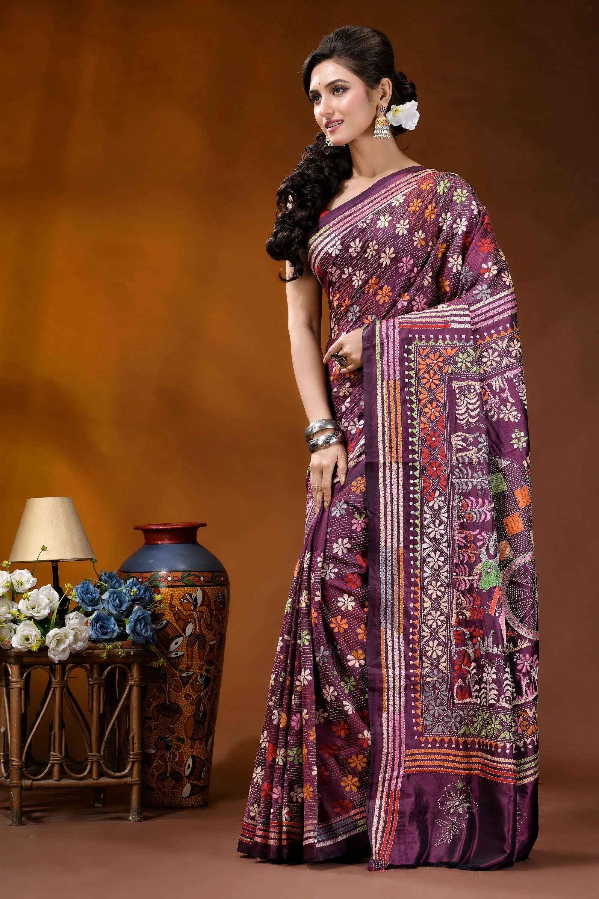 Exclusive bullock cart design handcrafted wine silk kantha stitch saree woman wears richly patterned purple 3