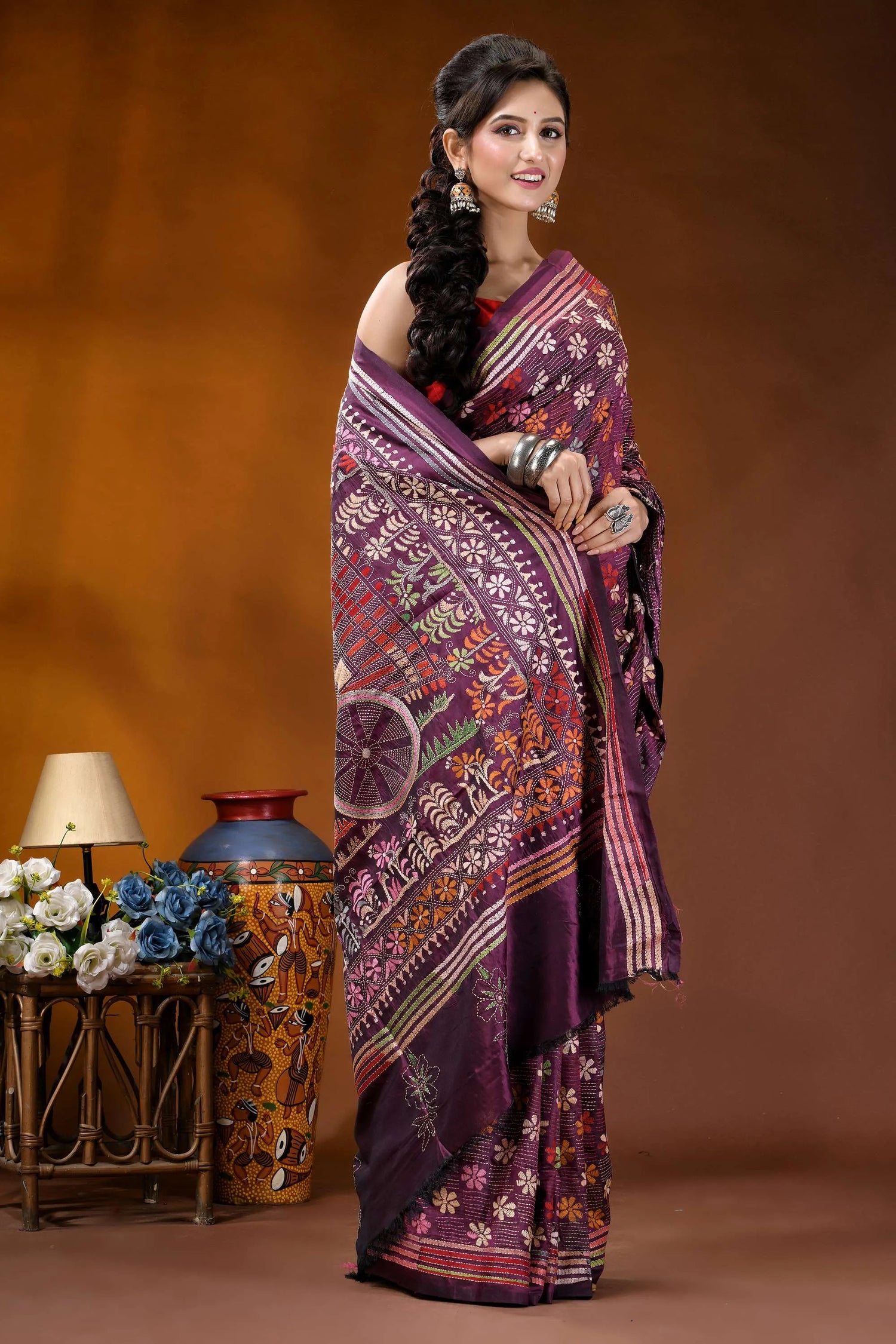 Exclusive bullock cart design handcrafted wine silk kantha stitch saree richly patterned purple saree intricate 4