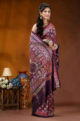 Exclusive bullock cart design handcrafted wine silk kantha stitch saree richly patterned purple saree intricate 4