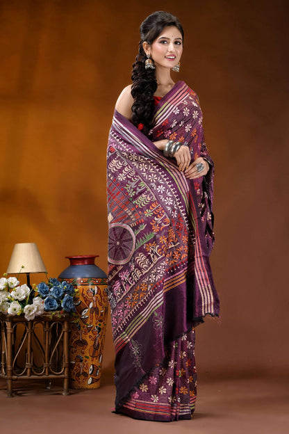 Exclusive bullock cart design handcrafted wine silk kantha stitch saree richly patterned purple saree intricate 4