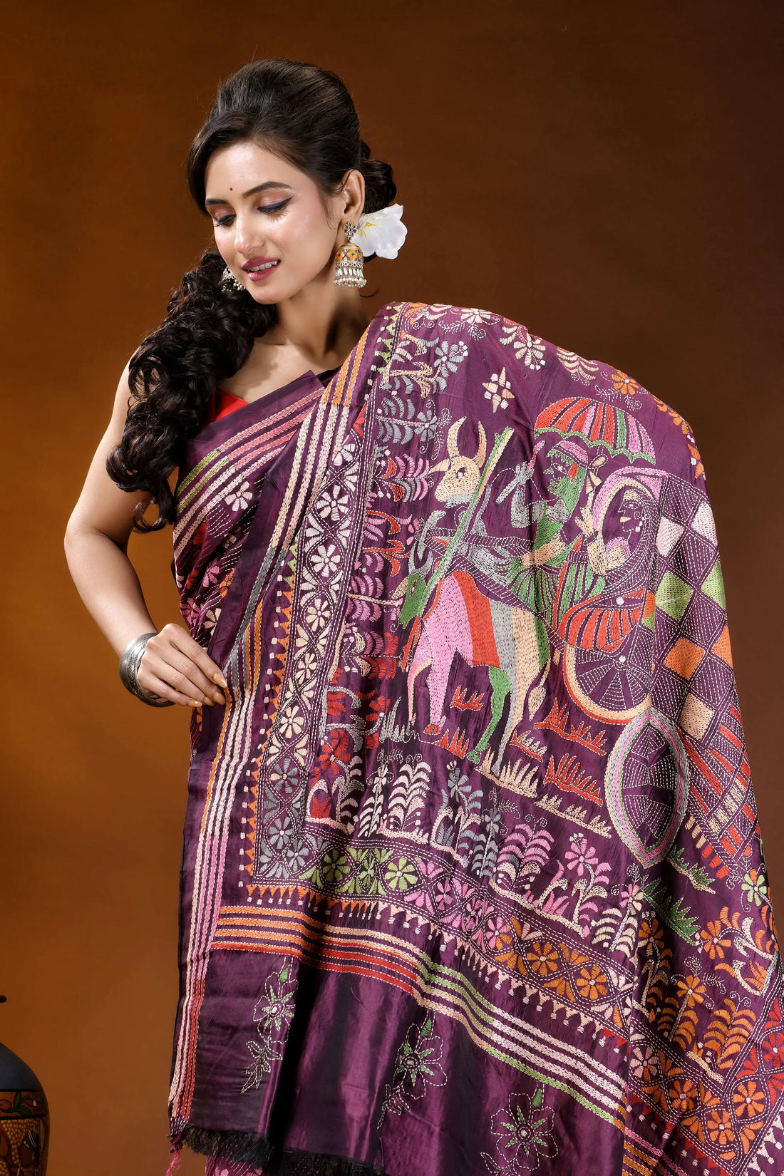 Exclusive bullock cart design handcrafted wine silk kantha stitch saree richly embroidered purple silk saree 2