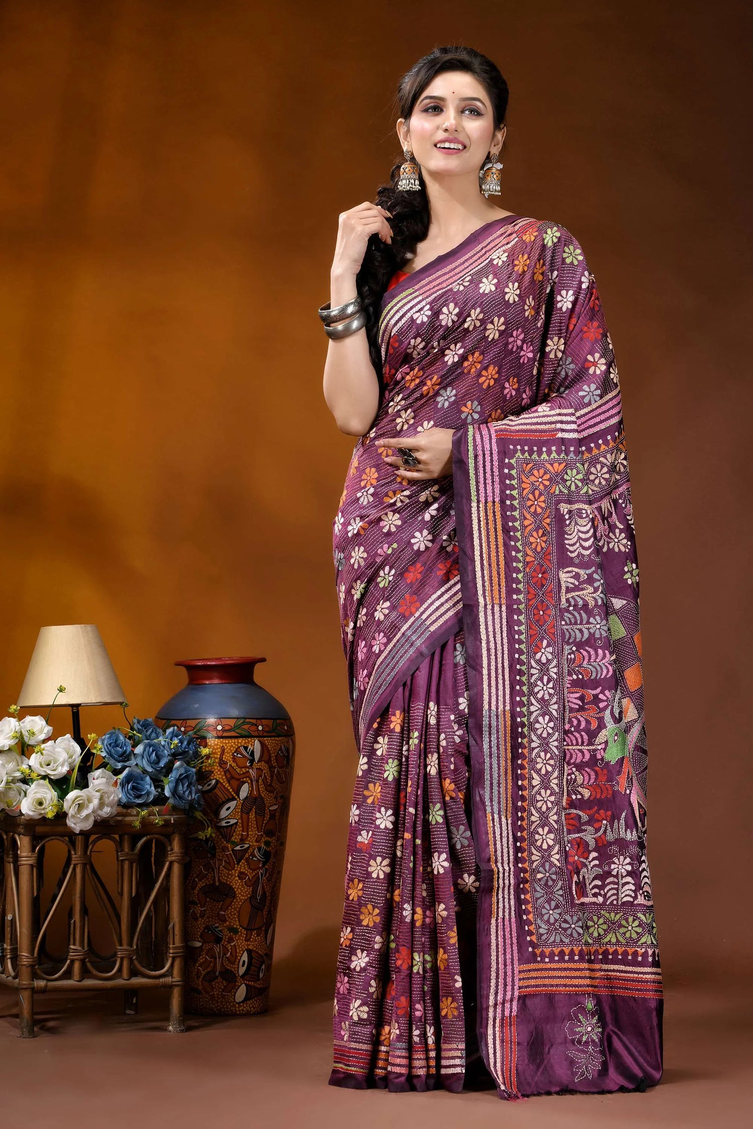 Exclusive bullock cart design handcrafted wine silk kantha stitch saree woman wears richly patterned purple 6