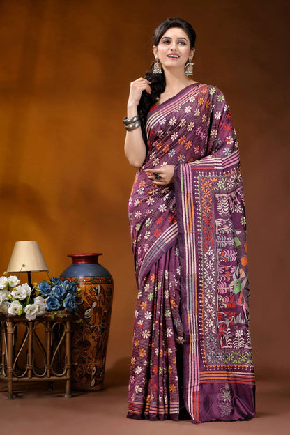 Exclusive bullock cart design handcrafted wine silk kantha stitch saree woman wears richly patterned purple 6