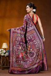 Exclusive bullock cart design handcrafted wine silk kantha stitch saree richly embroidered purple saree intricate 5