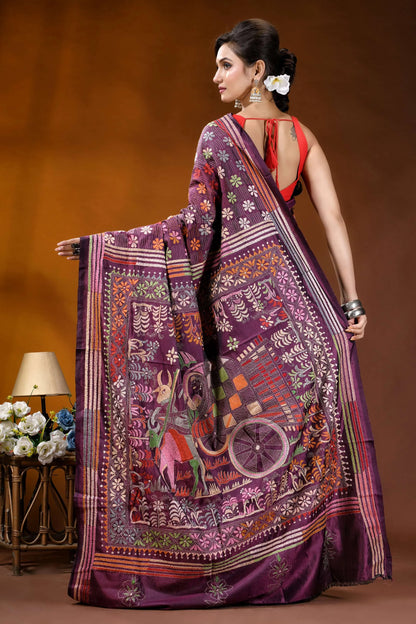 Exclusive bullock cart design handcrafted wine silk kantha stitch saree richly embroidered purple saree intricate 5