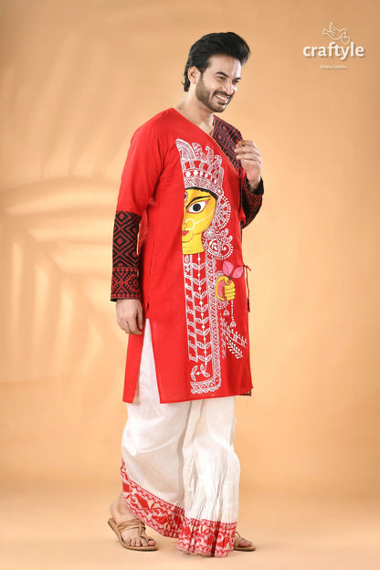 Exclusive cotton jamdani punjabi for men with hand-painted ma durga men’s red kurta yellow white 3