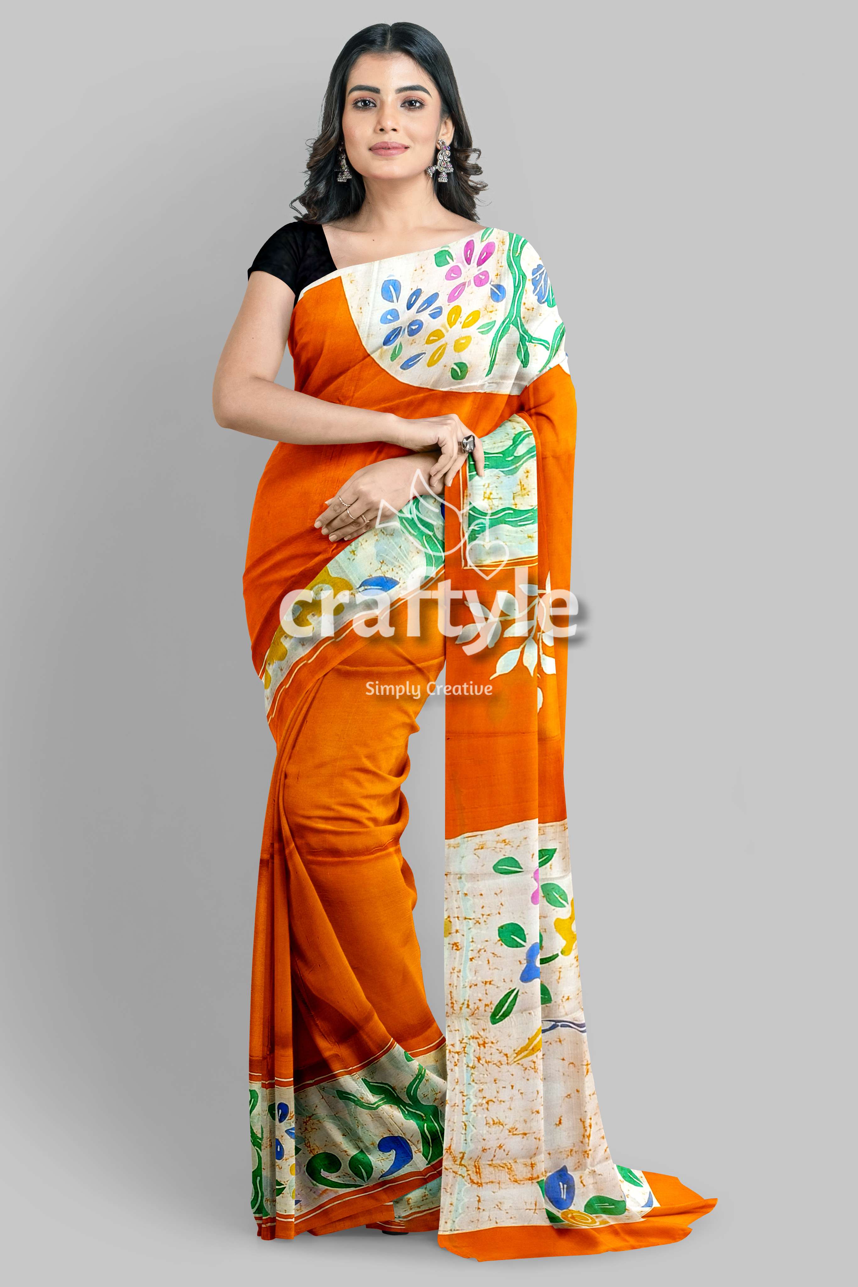 Exclusive Deep Saffron Hand Batik Pure Mulberry Silk Saree - Batik Silk Sari - Craftyle