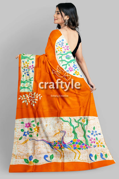 Exclusive Deep Saffron Hand Batik Pure Mulberry Silk Saree - Batik Silk Sari - Craftyle