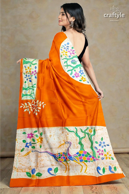 Exclusive deep saffron hand batik pure mulberry silk saree - sari 3