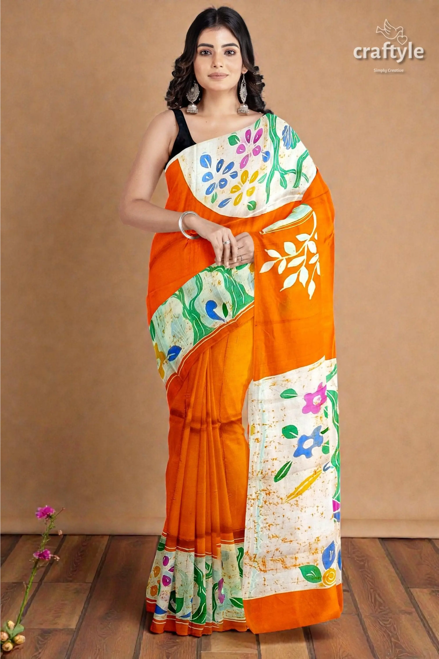 Exclusive deep saffron hand batik pure mulberry silk saree - sari 2