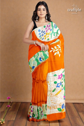 Exclusive deep saffron hand batik pure mulberry silk saree - sari 2