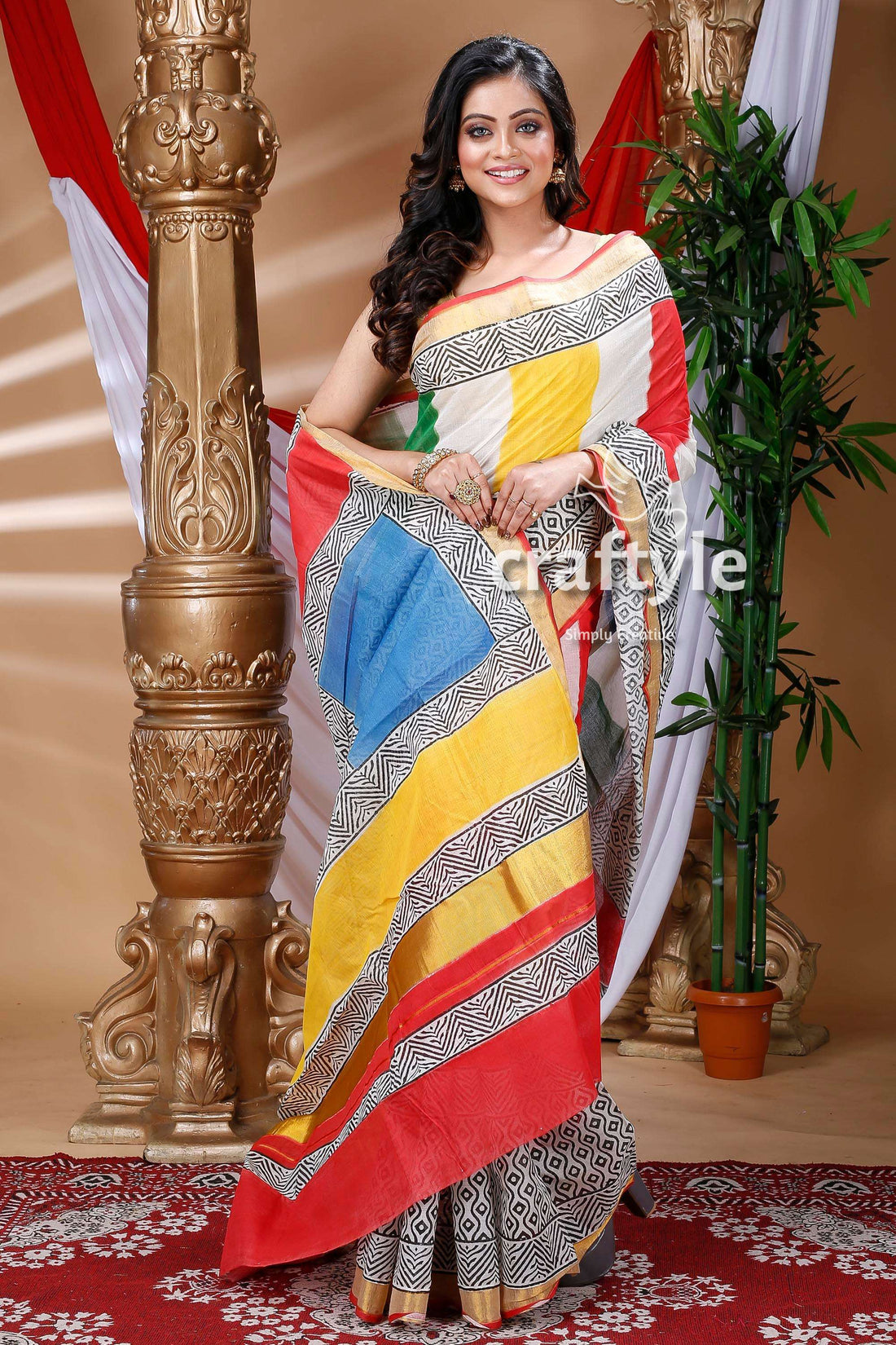Exclusive Design Multicolor Hand Block Kerala Cotton Saree-Craftyle
