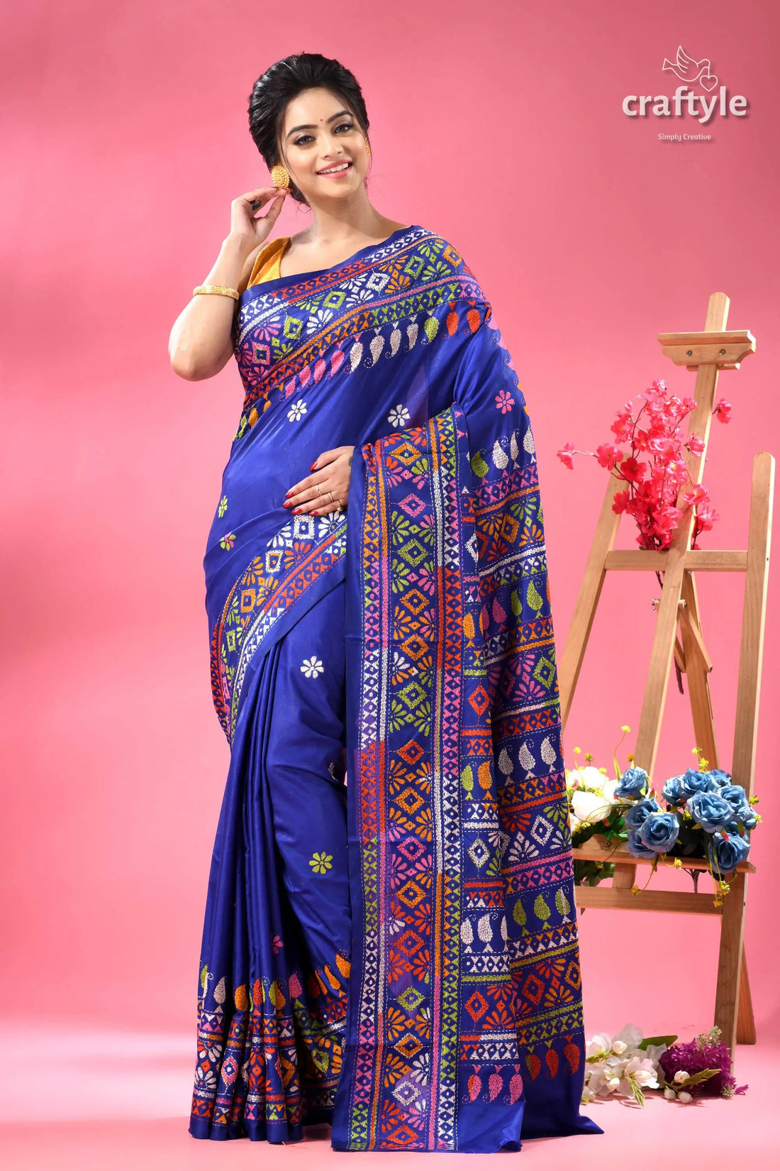 Exclusive designer persian blue hand kantha silk saree royal blue silk saree colorful 1