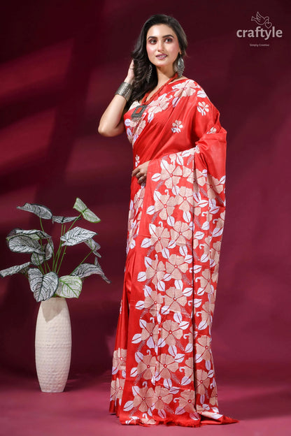 Exclusive floral motif hand embroidered kantha silk saree in red vibrant red saree adorned intricate 3