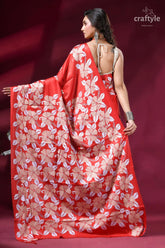 Exclusive floral motif hand embroidered kantha silk saree in red vibrant red silk saree adorned 5