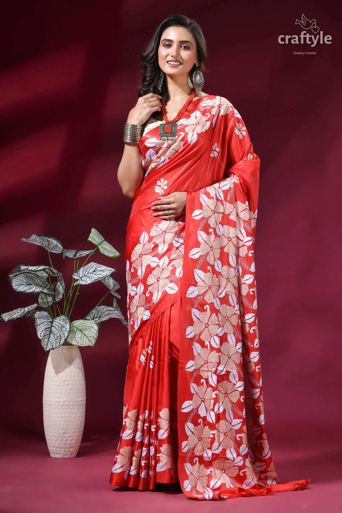 Exclusive floral motif hand embroidered kantha silk saree in red vibrant red saree adorned intricate 1