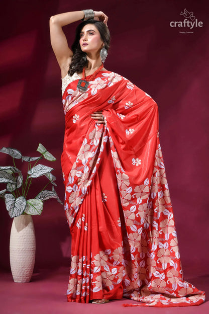 Exclusive floral motif hand embroidered kantha silk saree in red vibrant red saree floral pattern 4