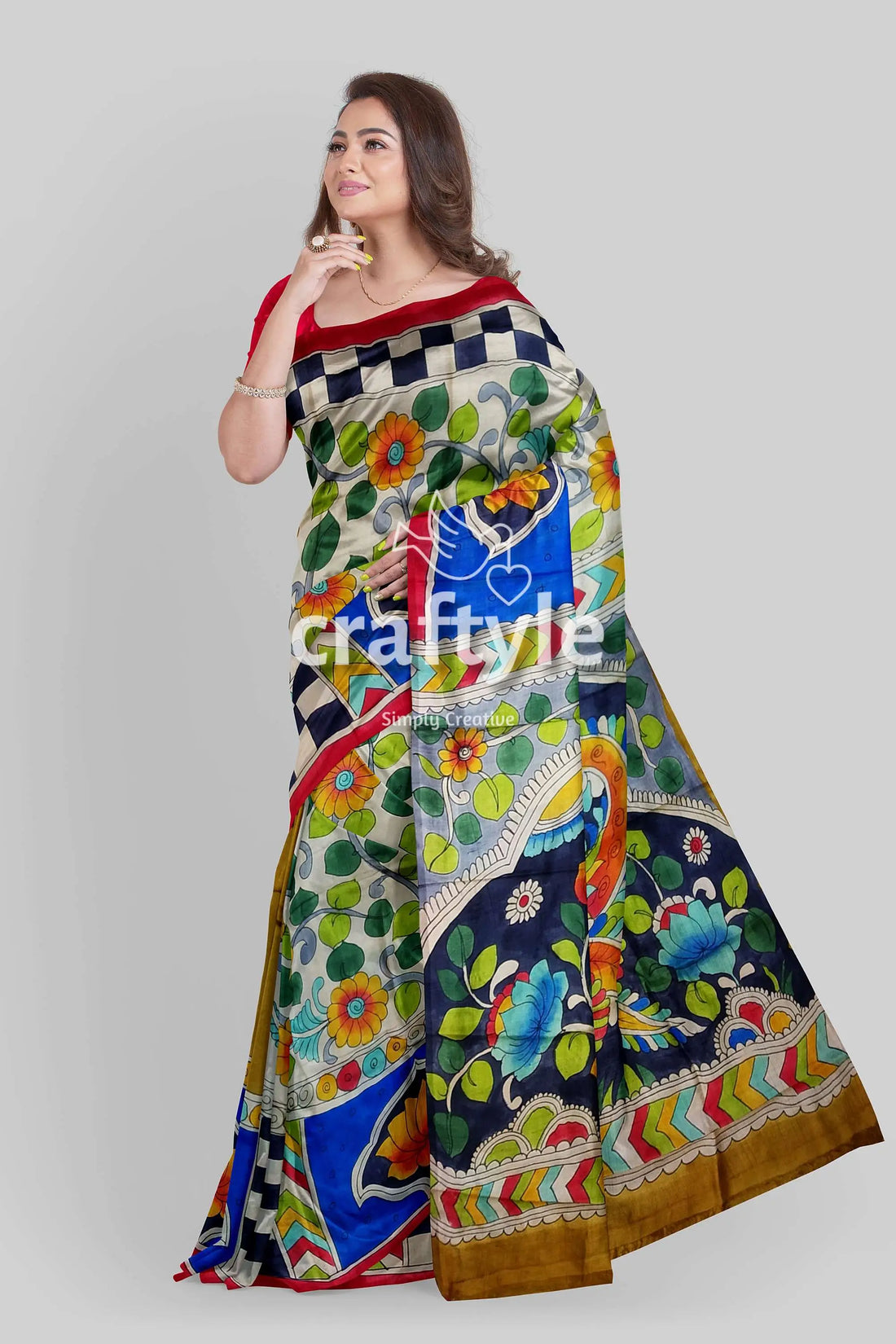 Exclusive floral peacock motif hand painted pure tussar kalamkari saree floral geometric patterned saree 1