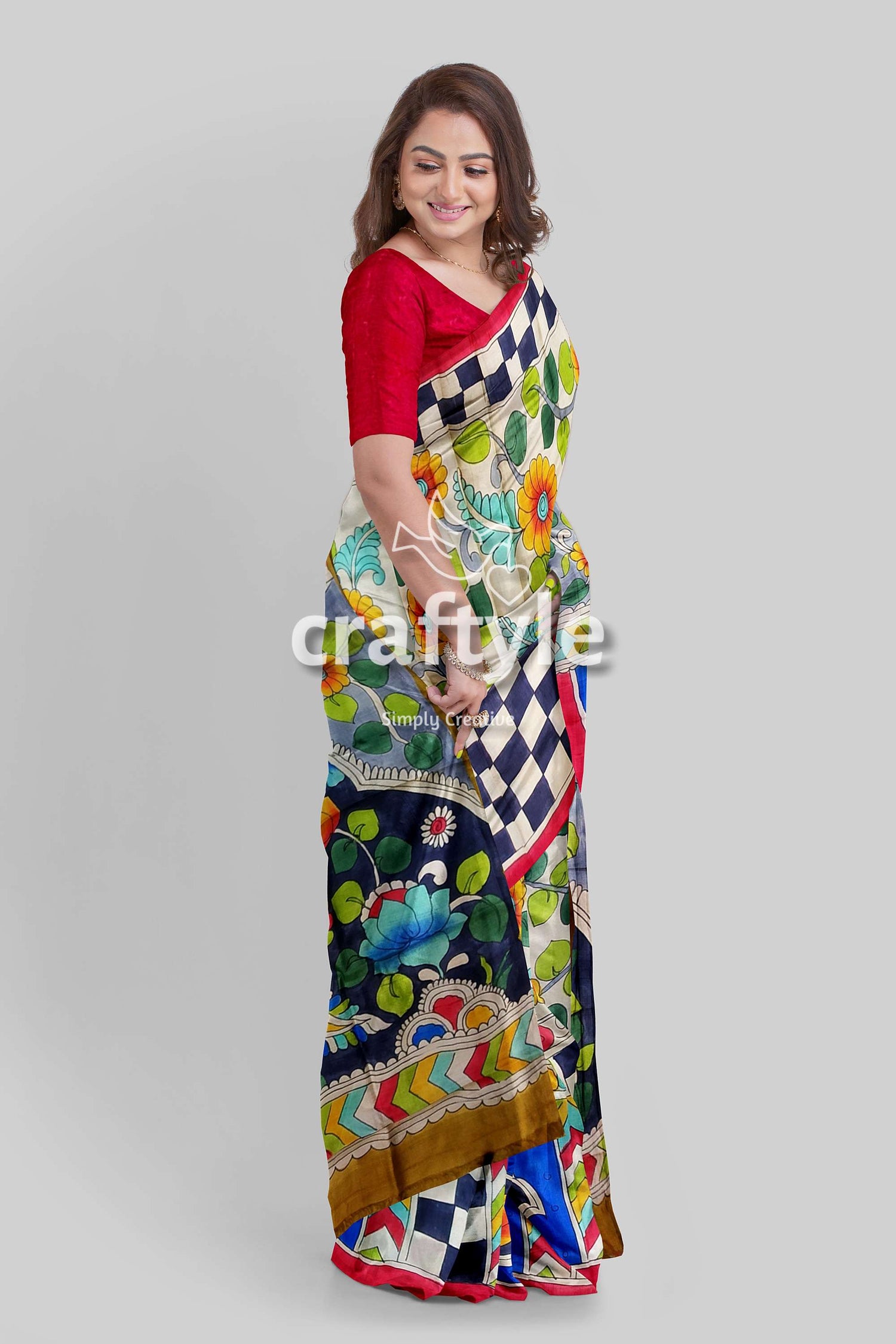Exclusive Floral Peacock Motif Hand Painted Pure Tussar Kalamkari Saree - Craftyle