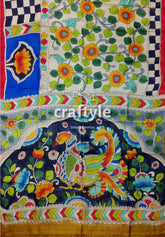 Exclusive Floral Peacock Motif Hand Painted Pure Tussar Kalamkari Saree - Craftyle