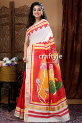 Exclusive Ganesha Hand Painted Rose Red Kerala Cotton Saree-Craftyle