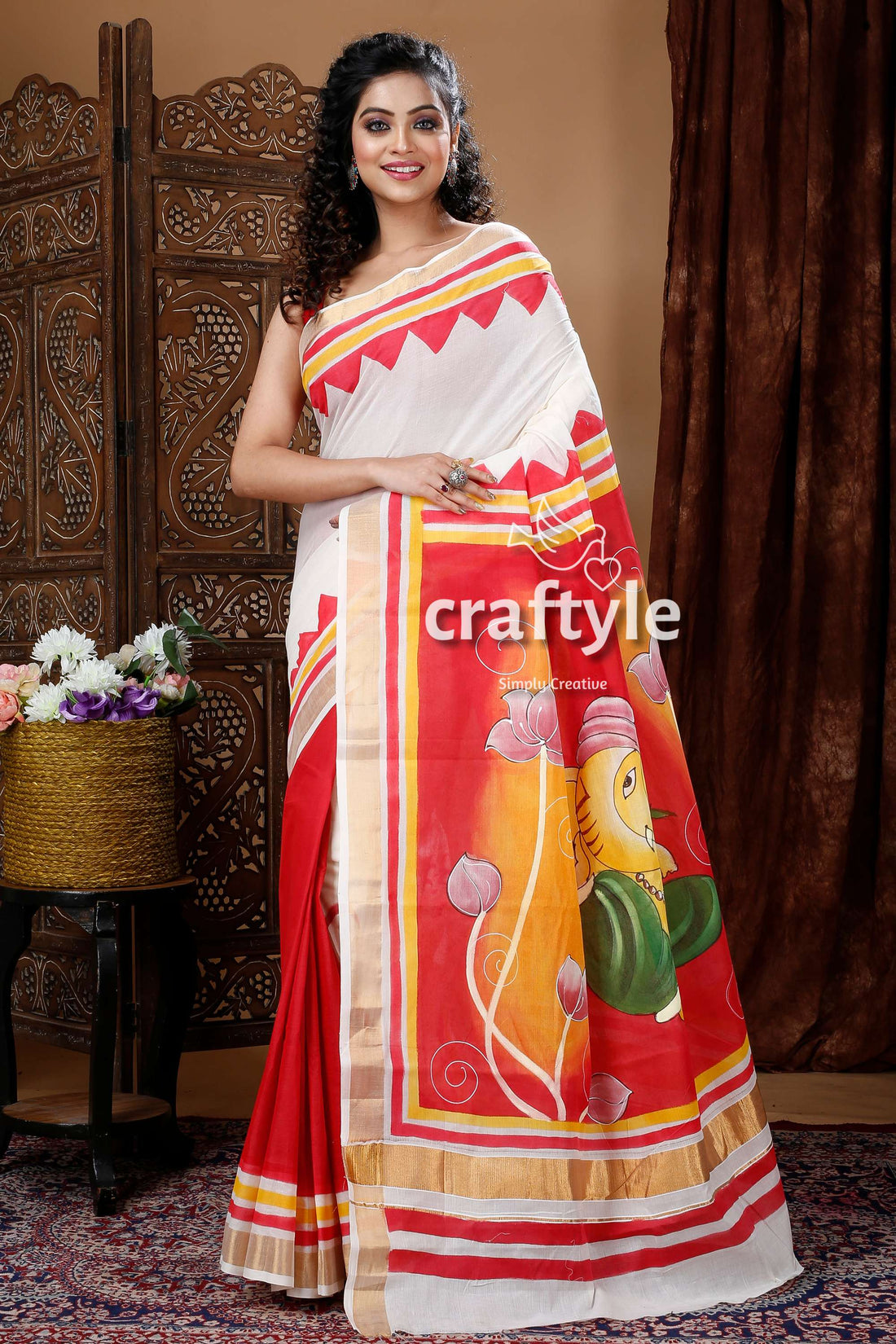 Exclusive Ganesha Hand Painted Rose Red Kerala Cotton Saree-Craftyle