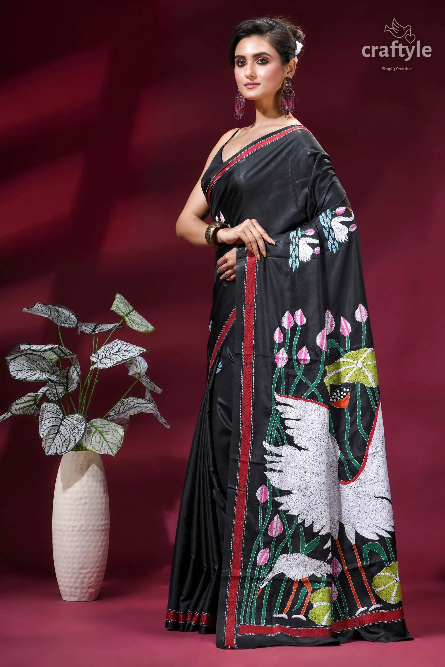 Exclusive heron design hand embroidery silk kantha saree in onyx black black silk saree intricate white 3