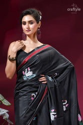 Exclusive heron design hand embroidery silk kantha saree in onyx black black silk saree embroidered white 2