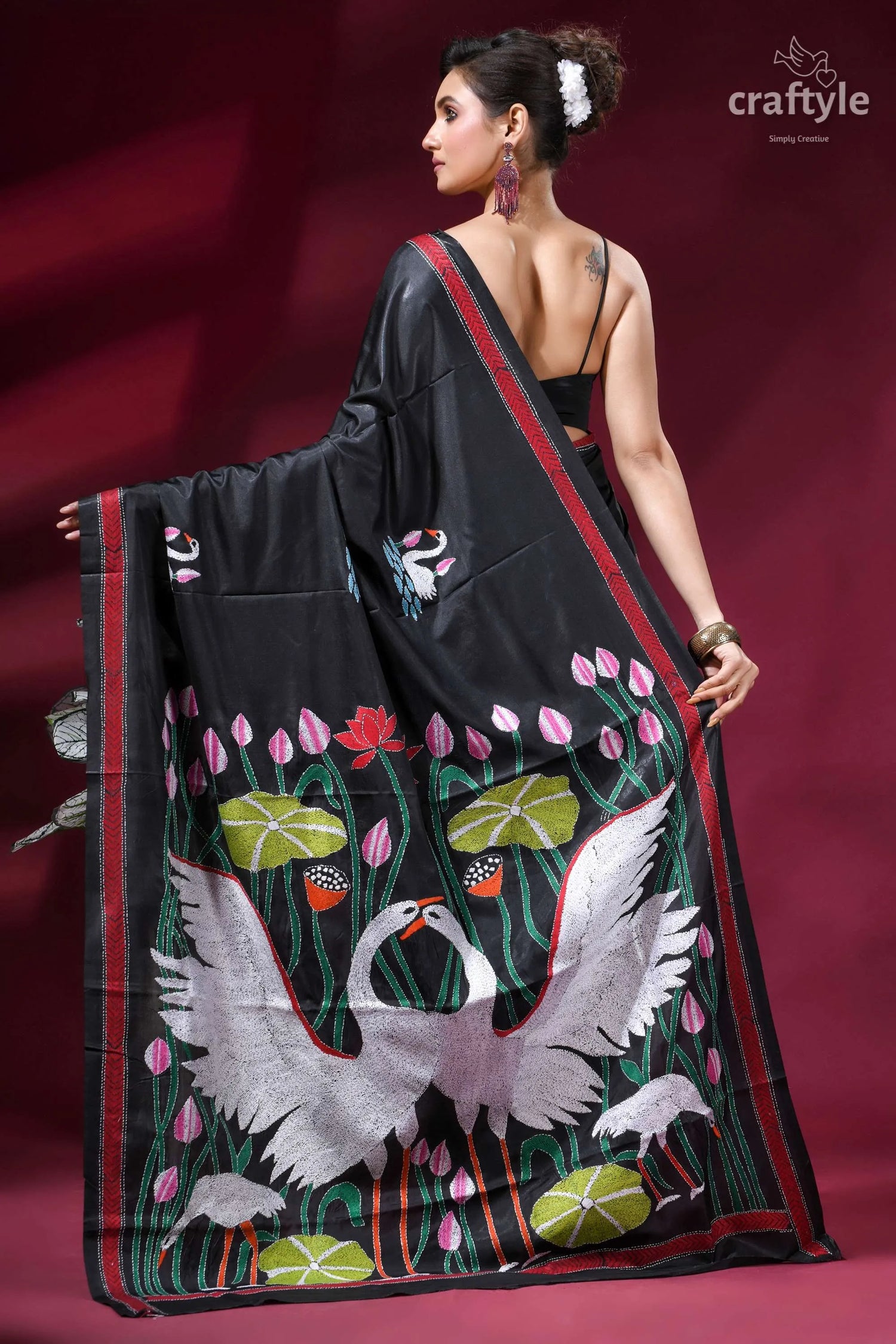 Exclusive heron design hand embroidery silk kantha saree in onyx black black silk saree intricate white 4