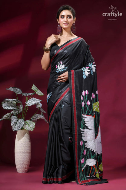 Exclusive heron design hand embroidery silk kantha saree in onyx black black silk saree intricate white 6