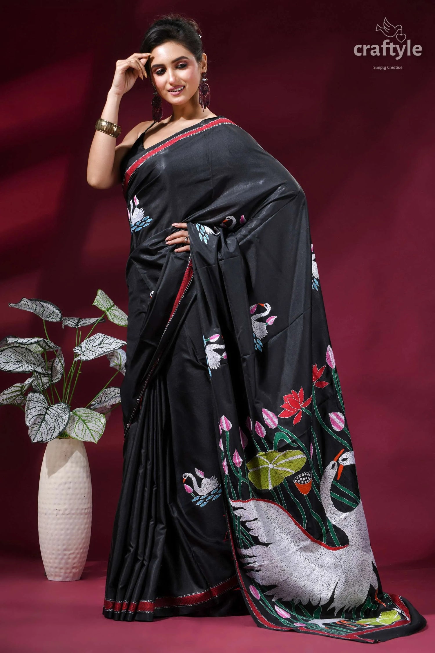 Exclusive heron design hand embroidery silk kantha saree in onyx black black silk saree adorned intricate 5