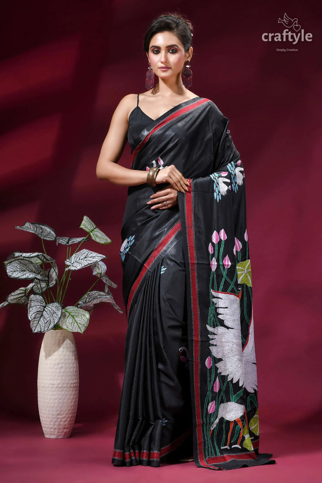 Exclusive heron design hand embroidery silk kantha saree in onyx black black silk saree intricate white 1