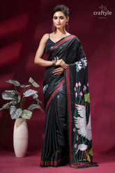Exclusive heron design hand embroidery silk kantha saree in onyx black black silk saree intricate white 1