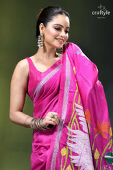 Exclusive heron motif handcrafted kantha silk saree in royal fuchsia vibrant fuchsia saree intricate gold 2