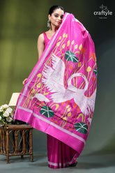 Exclusive heron motif handcrafted kantha silk saree in royal fuchsia vibrant pink saree intricate white 4