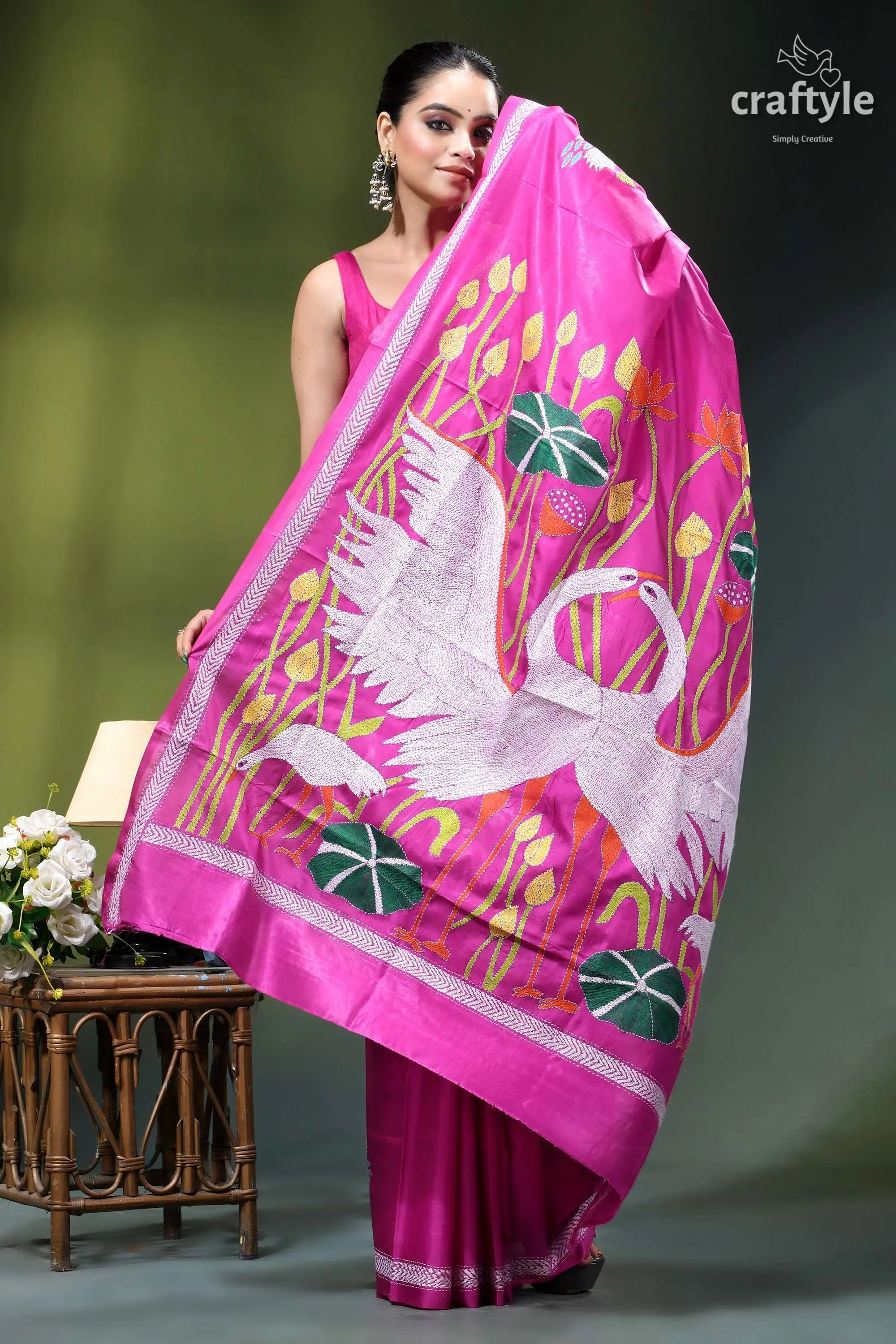 Exclusive heron motif handcrafted kantha silk saree in royal fuchsia vibrant pink saree intricate white 4
