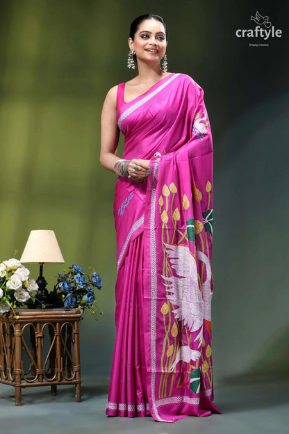 Exclusive heron motif handcrafted kantha silk saree in royal fuchsia vibrant fuchsia silk saree intricate 6